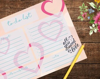 To Do List Digital Download Printable Sheet A4 - Love Theme