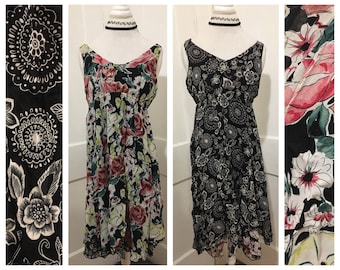 Vintage Reversible Swing Dress 90s Floral Black and White // size extra small s xs // Boho Bohemian Kerchief Hem Fairy Hippie Watercolor