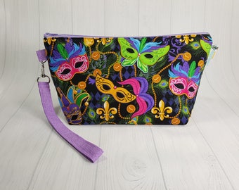 Mardi Gras Masks Knitting Project Bag - Zippered Wedge Bag, Zipper Knitting Bag, Cosmetic Bag, Sock Knitting Bag WS0068