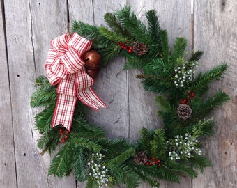 Christmas Wreaths for Front Door, Holiday Wreath, Wreath Christmas, Front Door Wreath, Evergreen Wreath, Jingle Bell Wreath, Plaid Ribbon