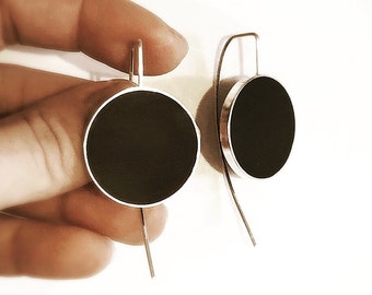 Big Silver Earrings,Long Sterling Silver Earrings, Big Statement Silver Resin Earrings - Big Oh Earrings