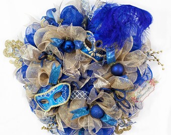 SALE- Mardi Gras Wreath, Carnival Wreath, Festival Wreath, Masquerade Wreath, Mardi Gras Decor, Blue Gold Wreath, Holiday Wreath