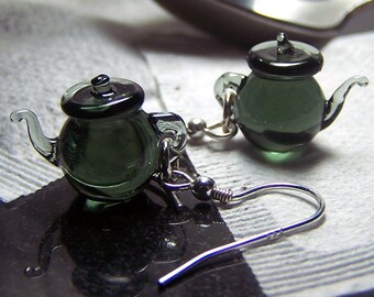 Smoke Grey Green Tea Tiny Teapots - Glass Dangling Earrings SRA