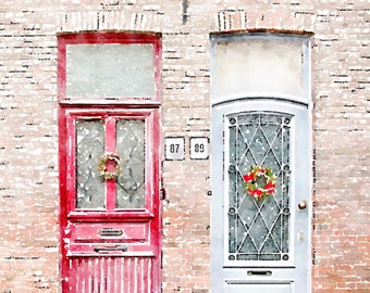 Instant Download Europe Art Print, Red and Gray Doors, Brugge Belgium, Printable Watercolor Painting Photo Art