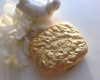 Estee Lauder Mirror Compact Repousse Leaves Acorns Monogramed Pouch Gold Collectible Vanity Mirror Powder Purse Wedding Budoir Prom Bride