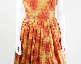 Vintage 1950s Orange and Yellow Floral Swing Dress UK Size 10