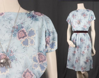 Blue floral dress vintage midi dress fifties sixties women size S small