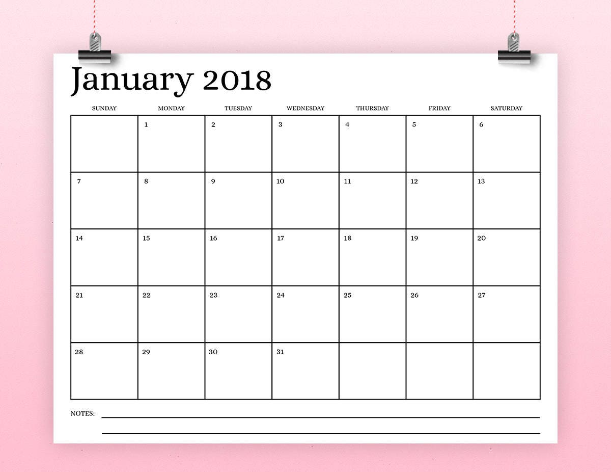 8.5x11 Inch 2018 Calendar Template INSTANT DOWNLOAD Serif