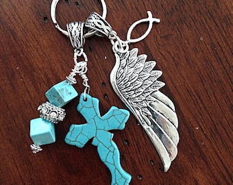 Keychain, Christian Keychain, Cowgirl Keychain, Turquoise Cross Keychain, Angel Wing Keychain, Cross Key Chain with Angel Wings Charm