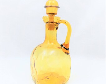 Blown Glass Decanter, Amber Thumbprint, Decanter with Stopper, Decanter with Handle