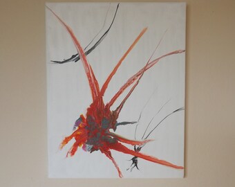 FIREWORKS. 12X12 Red, yellow, orange, blue and black original painting on gallery wrapped canvas.