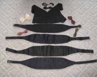 Mid Century Lot Of Mens Tuxedo Accessories/ 4 Black Cumberbunds/ 4 Clip On Bow Ties/1 Black Half Vest /1 Black Bow Tie/ Mens Bridal Tux Ties