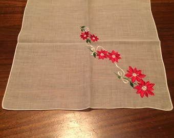 Vintage White Handkerchief with Embroidered Poinsettias