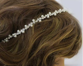 Vintage Inspired Bridal Headband Pearl and Rhinestone Art Deco Wedding Hair Accessory Simple Thin Crystal Hairband Bohemian Forehead Halo