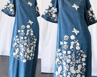 Mexican Dress Oaxacan Dress Embroidered Dress 70s Kimono Chambray Butterflies Wedding Festival Dress