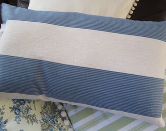 Throw pillow cover in wide blue and ivory stripe in various sizes