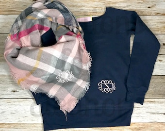 Monogram Blanket Scarf, Blanket Scarf, Plaid Blanket Scarf, Plaid Scarf, Tartan Scarf, Monogram Scarf, Personalized Blanket Scarf, Tartan