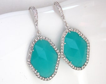Mint Earrings, Blue Mint, Aqua, Turquoise, Glass, Zirconia, Silver, Wedding Jewelry, Bridesmaid Earrings, Bridal Earrings, Bridesmaid Gift