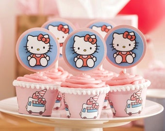Hello Kitty Cupcake Toppers - Hello Kitty Decor - Hello Kitty Birthday - Hello Kitty - Hello Kitty Cupcake Wrappers - Hello Kitty Party