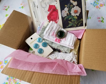 Mystery Box-Garden-Botanical Junk Journal kit-Botanical Ephemera-Vintage Jewelry-buttons-Embroidery-lace-Fabric bundle