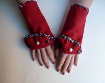 Handmade Red Wool Wrist Warmers with Vintage Buttons