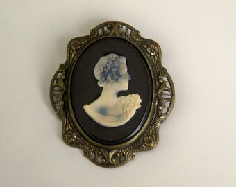 Cameo Brooch Pendant. Old Black Cameo. Dual Use Jewelry.
