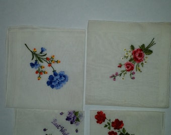 Vintage Handkerchiefs Collection of 4 Cotton Floral embroidered hankies 1950's