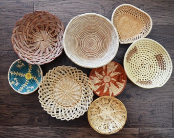 Set of 8 Vintage Wicker Rattan Baskets, Woven Straw Boho Wall Decor, Jungalow Basket Decor