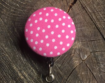 Name badge fabric covered badge reels polka dot design