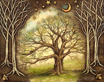 tree acorns half moon squirrel oak Moosup giclee