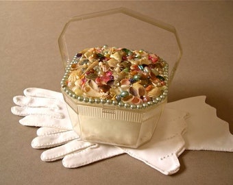 Vintage plastic purse, 1950's, box style, clear acrylic, shell, pearl, rhinestone encrusted lid, bridal, wedding, prom, whimsical.