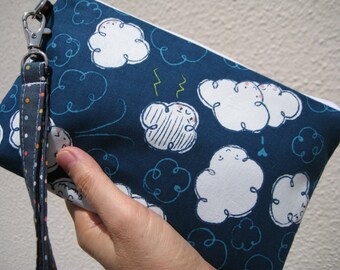 Wedding Clutch wristlet, 2pockets,navy,cotton, medium,wristlet, bridesmaid clutch - Gale in teal