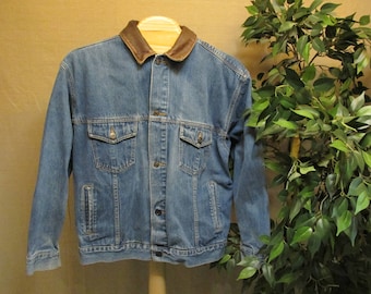 Vintage 1980's Marlboro Country Store Dark Blue Denim & Brown Leather Trucker Western Classic Jean Jacket Size XL