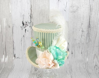 Blue-Green, Pink and Cream Striped Flower Garden Large Mini Top Hat Fascinator, Alice in Wonderland, Mad Hatter Tea Party, Derby Hat