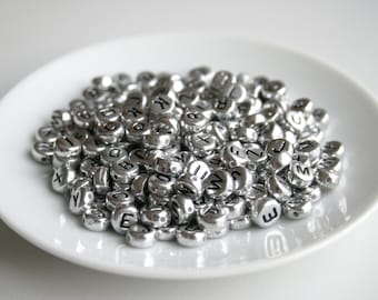 100 Silver Alphabet Beads - 7mm Round Letter Beads