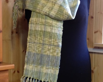 Beautiful, Soft, Hand Woven Scarf in Muted Blues and Green