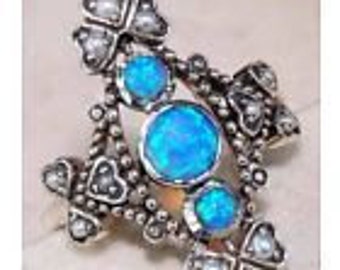 Blue Fire Opal & Seed Pearl 925 Solid Sterling Silver Ring Jewelry Sz