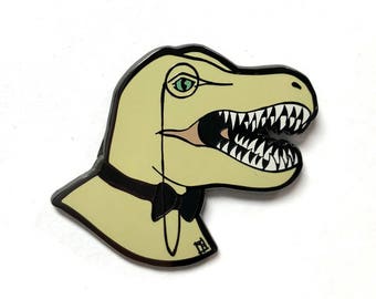 Dapper Dino Enamel Pin - Fancy Tyrannosaurus Rex with Bow Tie and Monocle - Art by Marcia Furman