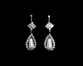 Vintage 40s Teardrop Pearl and Cut Glass Earrings LV116