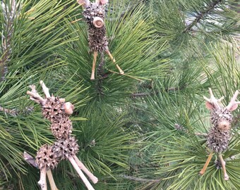 Set of Three Natural Sweetgum Reindeer Christmas Ornament or Decoration