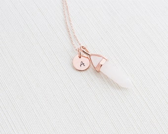 Rose Gold Initial and Rose Quartz Necklace, Disc Necklace, Personalised Jewellery, Rose Gold Necklace, Gift idea