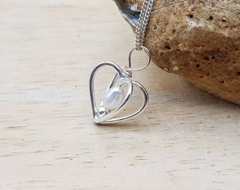 Fresh water pearl heart pendant necklace. June Birthstone. Wedding Bali silver necklaces for women. 30th anniversary gemstone.
