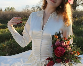 DAWN 1940's Antique Wedding Gown Bridal Attire Satin and Lace Dress with Train