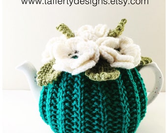 Hand-knitted Floral tea cosy in pure wool - Size Small - fits 1-2 cup teapots