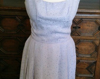 1950s / very late 1940s vintage pale blue dress with full skirt, nipped waist approx uk 10