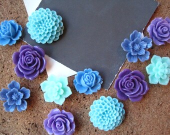 Fun Thumbtacks, 12 pc Flower Pushpins, Purple, Blue and Aqua, Office Supply, Bulletin Board Thumbtacks, Wedding Decor, Housewarming Gift