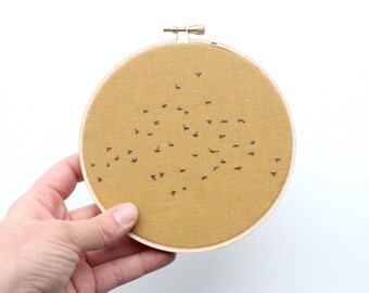 Yellow Murmuration of Birds Contemporary Embroidery Hoop Art, 6"