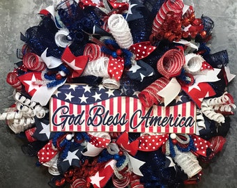 Patriotic Wreath | Independence Day Wreath | God Bless America | Red White Blue | 4th of July Wreath | Holiday Wreath