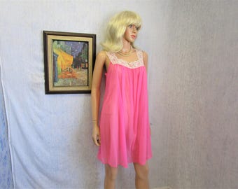60s M Sheer Nylon Lingerie Nightie Hot Pink