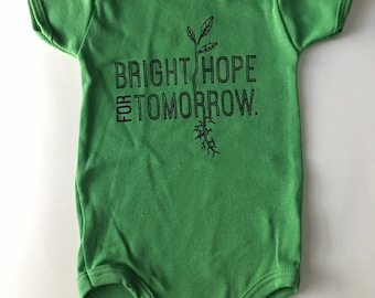 Bright Hope for Tomorrow, size 3-6 Months, Screen printed Baby romper, one piece, green with Black print